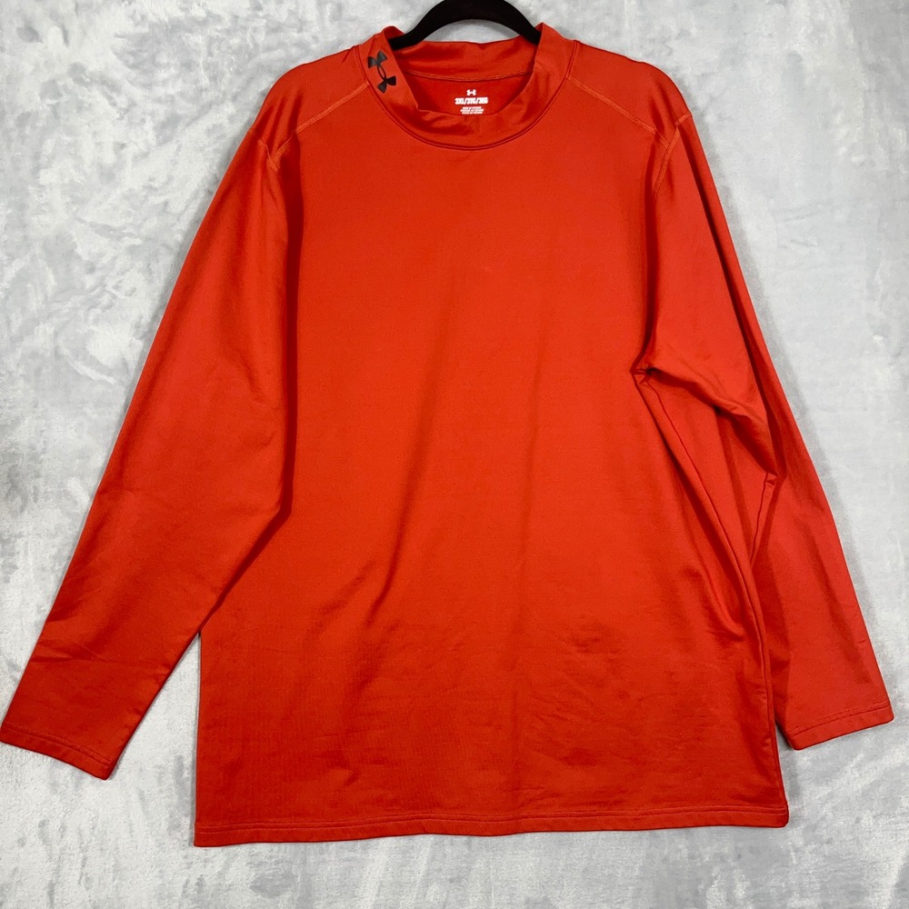 Under Armour Mens Compression Shirt 3XL Orange Mock Neck Fleece Lined ColdGear